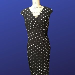 𝅺LAUREN RALPH LAUREN Empire Ruched CAP SLEEVE Dress, BLACK w/WHITEPolka Dots,10